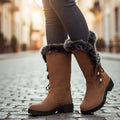 Yellow fur-trimmed knee-high winter Boots, front view