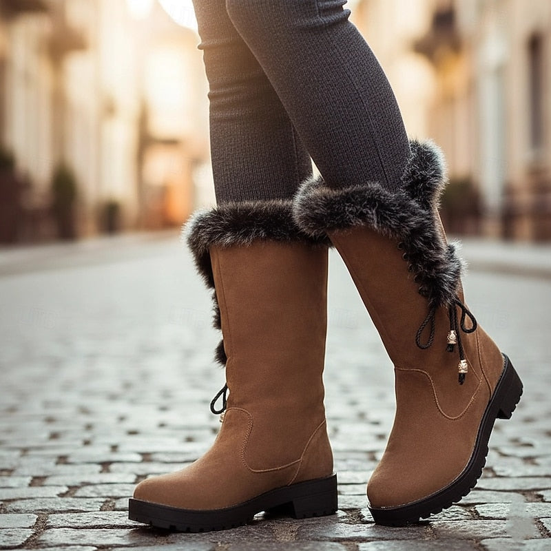 Yellow fur-trimmed knee-high winter Boots, front view