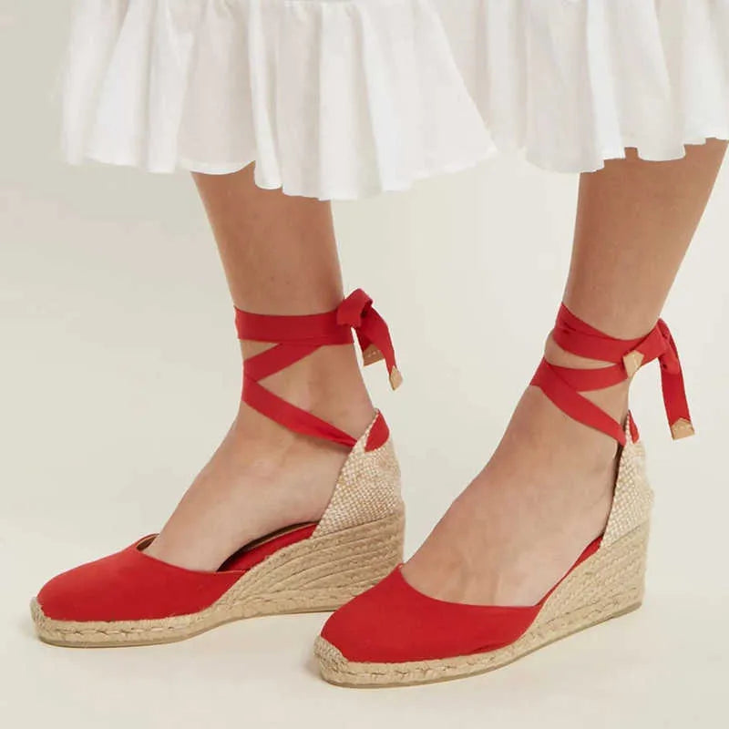 Sophisticated Wedge Espadrille Sandals with Ankle Tie Wraps and Knitted Heel Detail