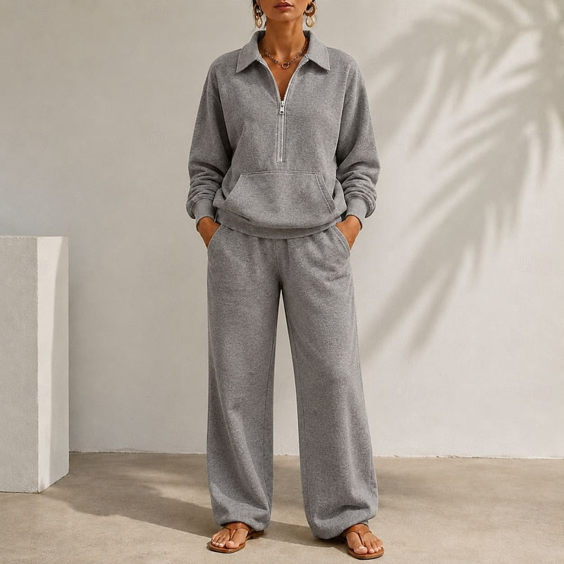 Gray Relaxed Zip-Collar Co-ord Set