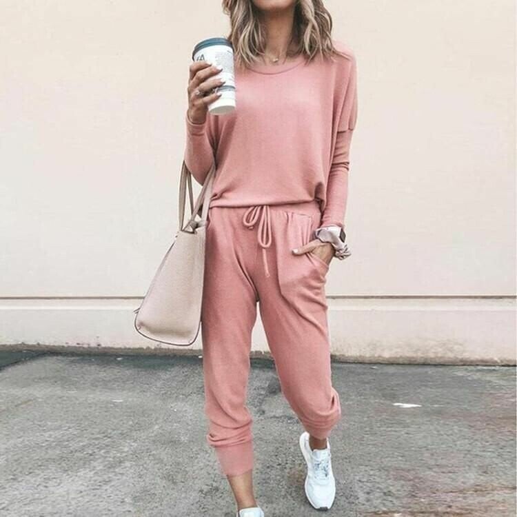 Pink relaxed two-piece co-ord set, front view