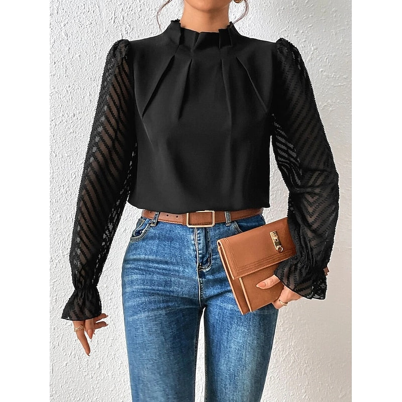 Black High-Neck Pleated Blouse