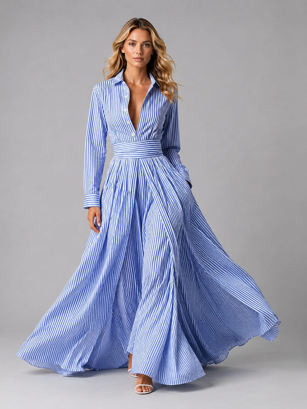 Blue striped maxi shirt dress with cinched waist, front view