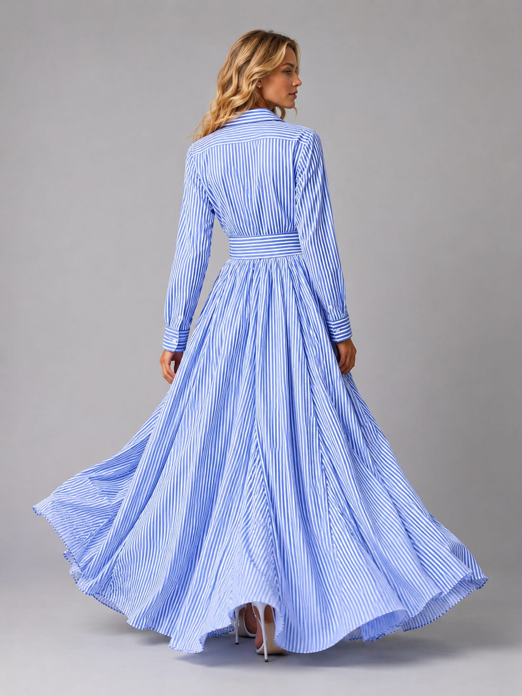 Blue striped maxi shirt dress, back view