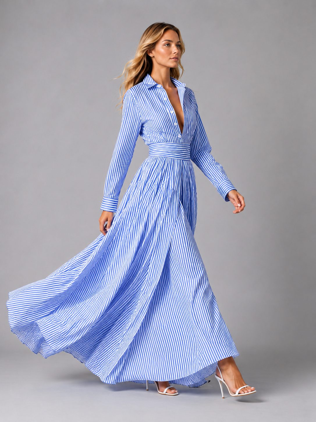 Blue striped maxi shirt dress, side view in motion