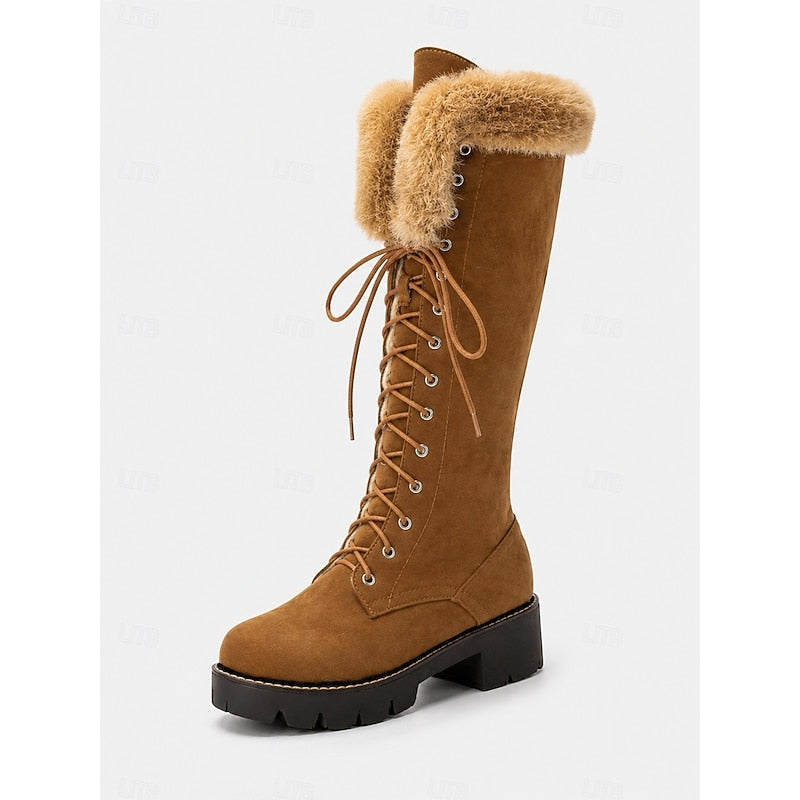 Camel knee-high lace-up winter Boots