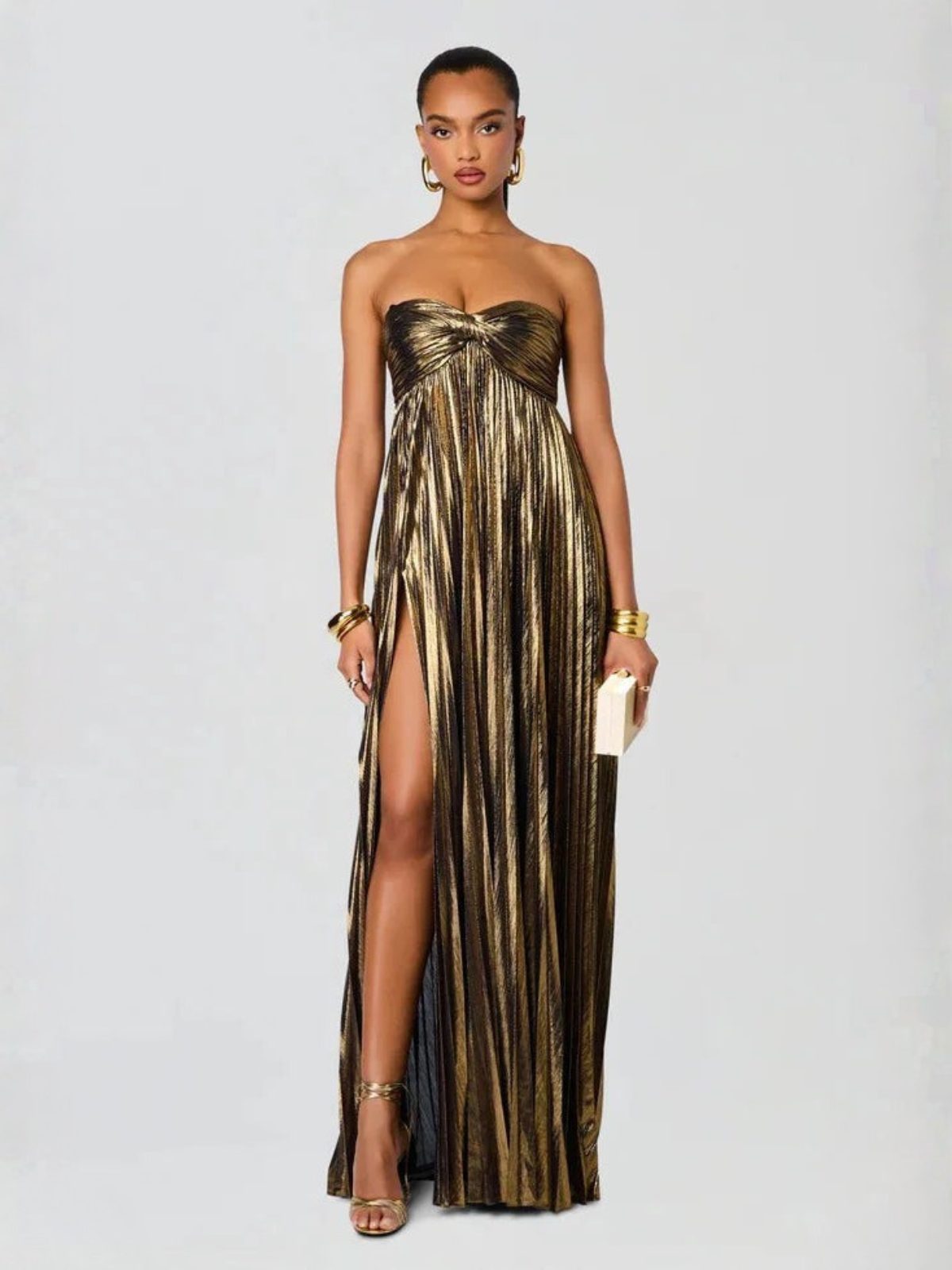 Champagne Strapless Twisted Bodice Maxi Dress