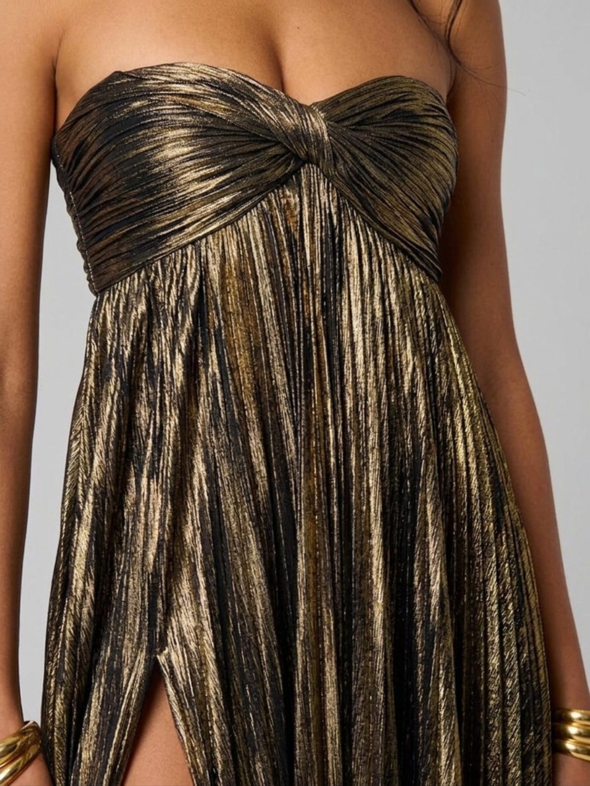 Champagne Strapless Twisted Bodice Maxi Dress