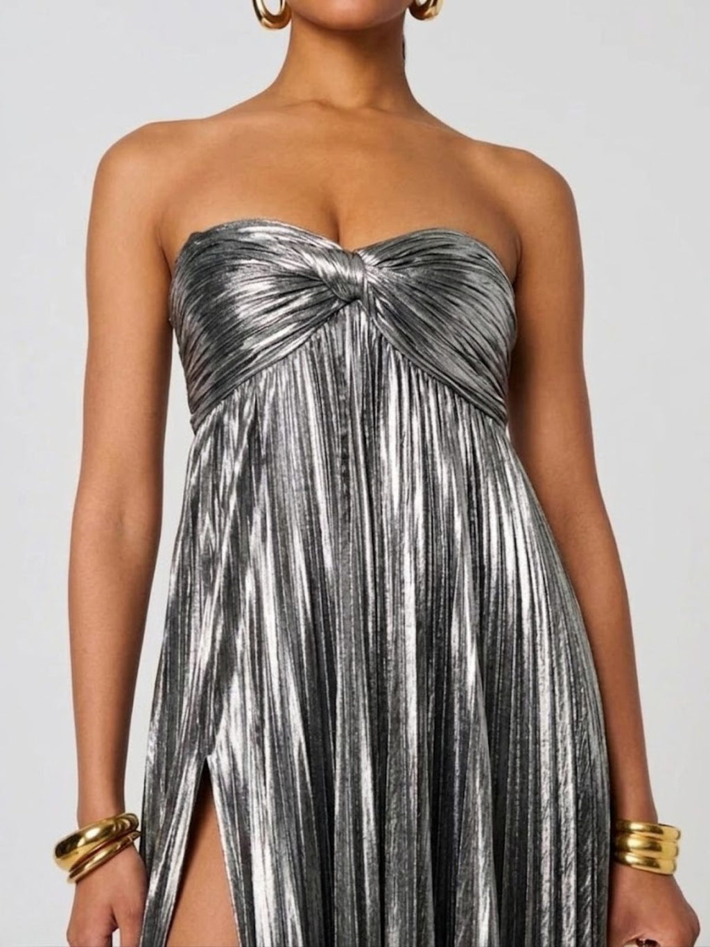 Champagne Strapless Twisted Bodice Maxi Dress