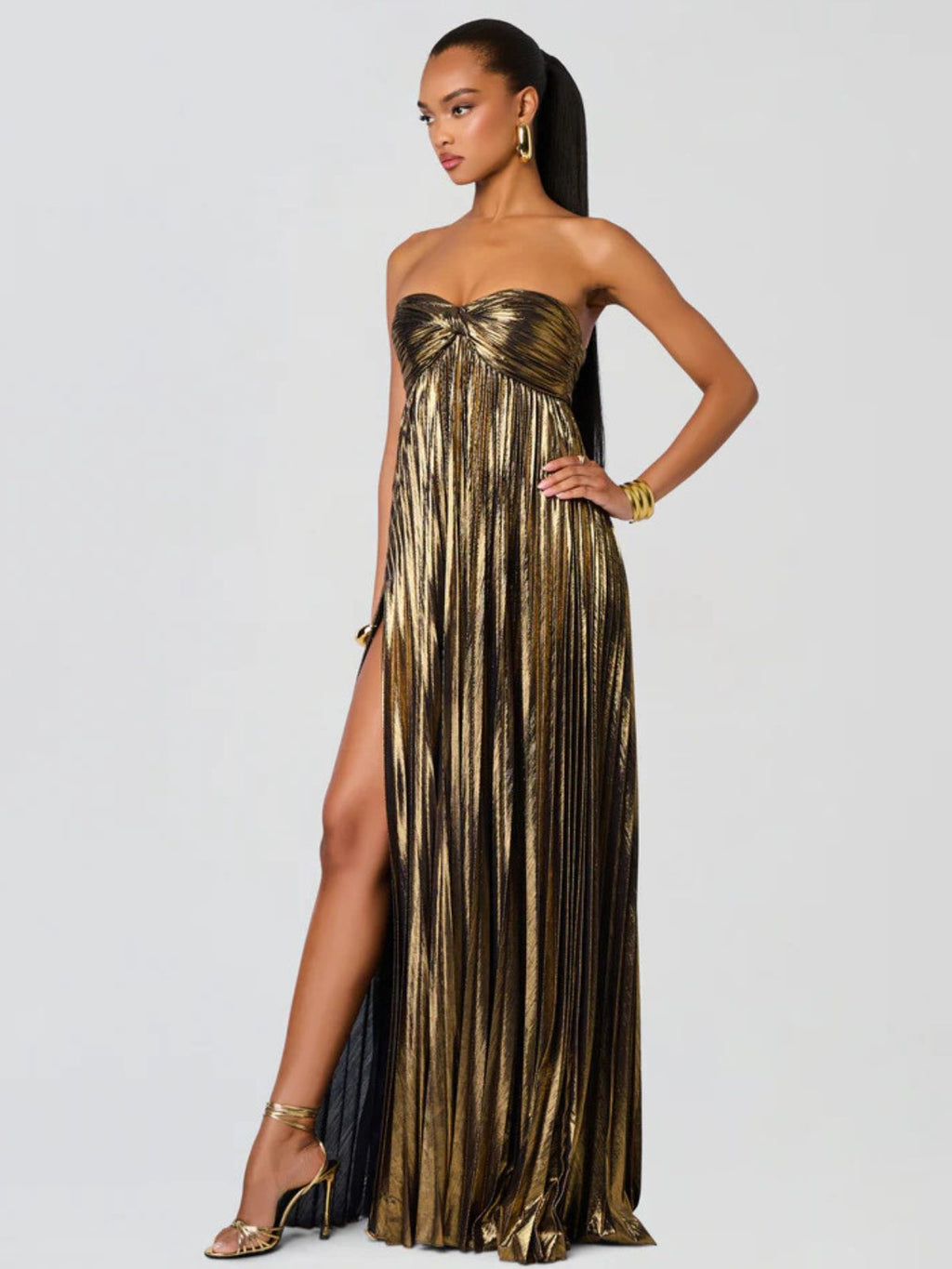 Champagne Strapless Twisted Bodice Maxi Dress
