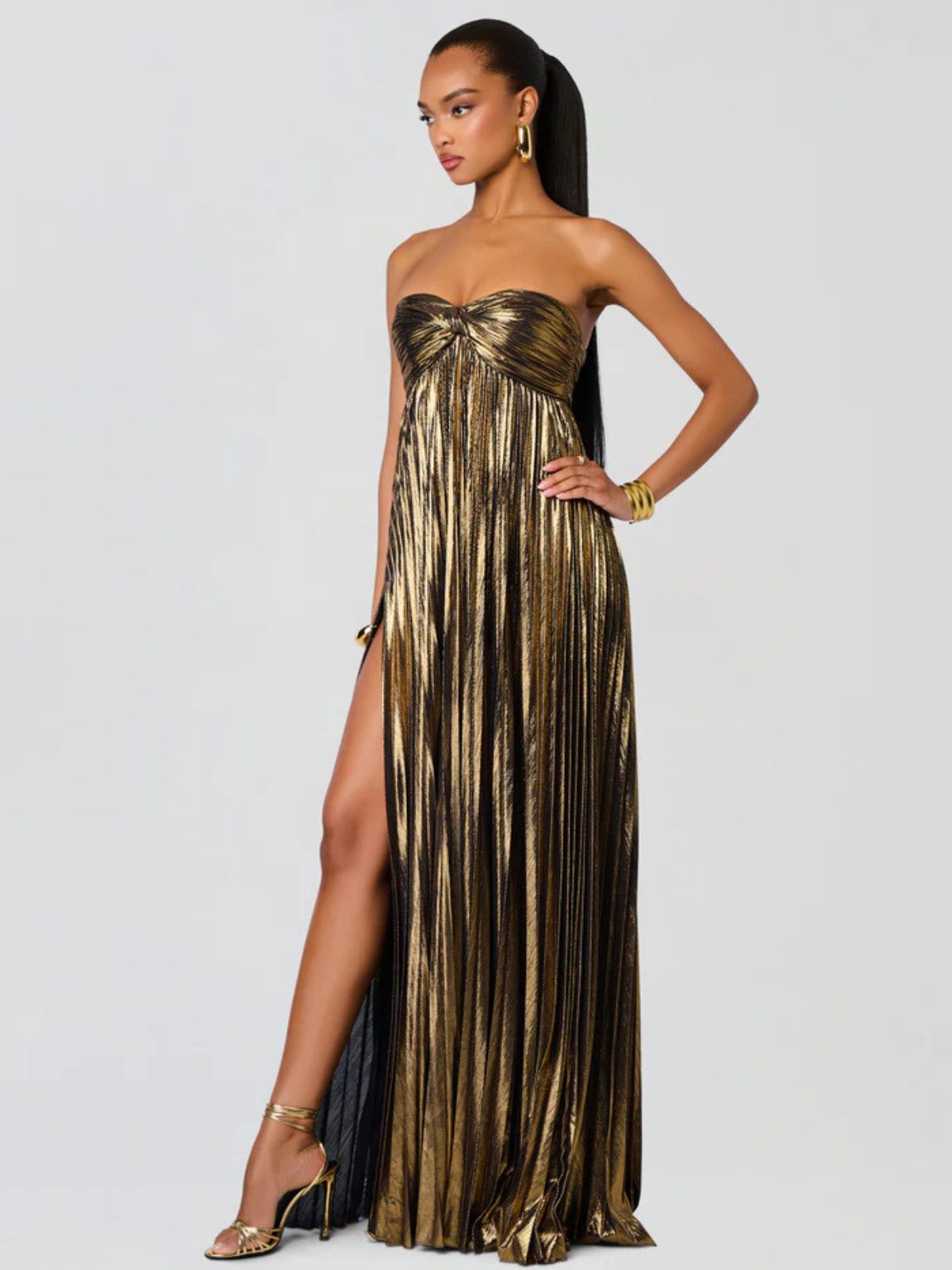 Champagne Strapless Twisted Bodice Maxi Dress