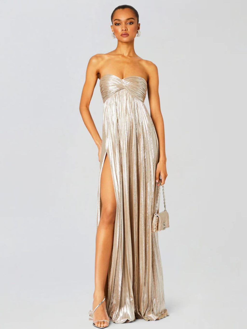 Champagne Strapless Twisted Bodice Maxi Dress, front view