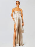 Champagne Strapless Twisted Bodice Maxi Dress, front view