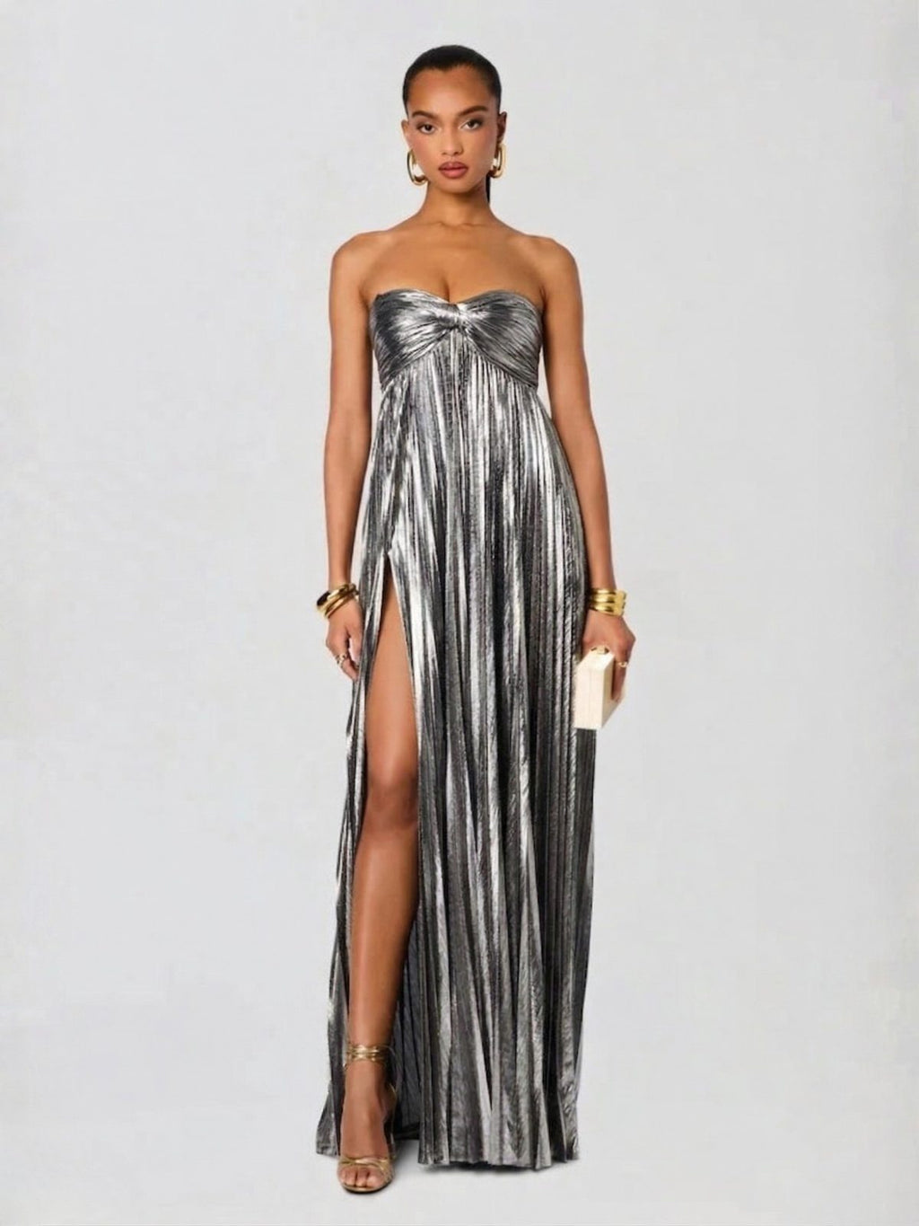 Champagne Strapless Twisted Bodice Maxi Dress