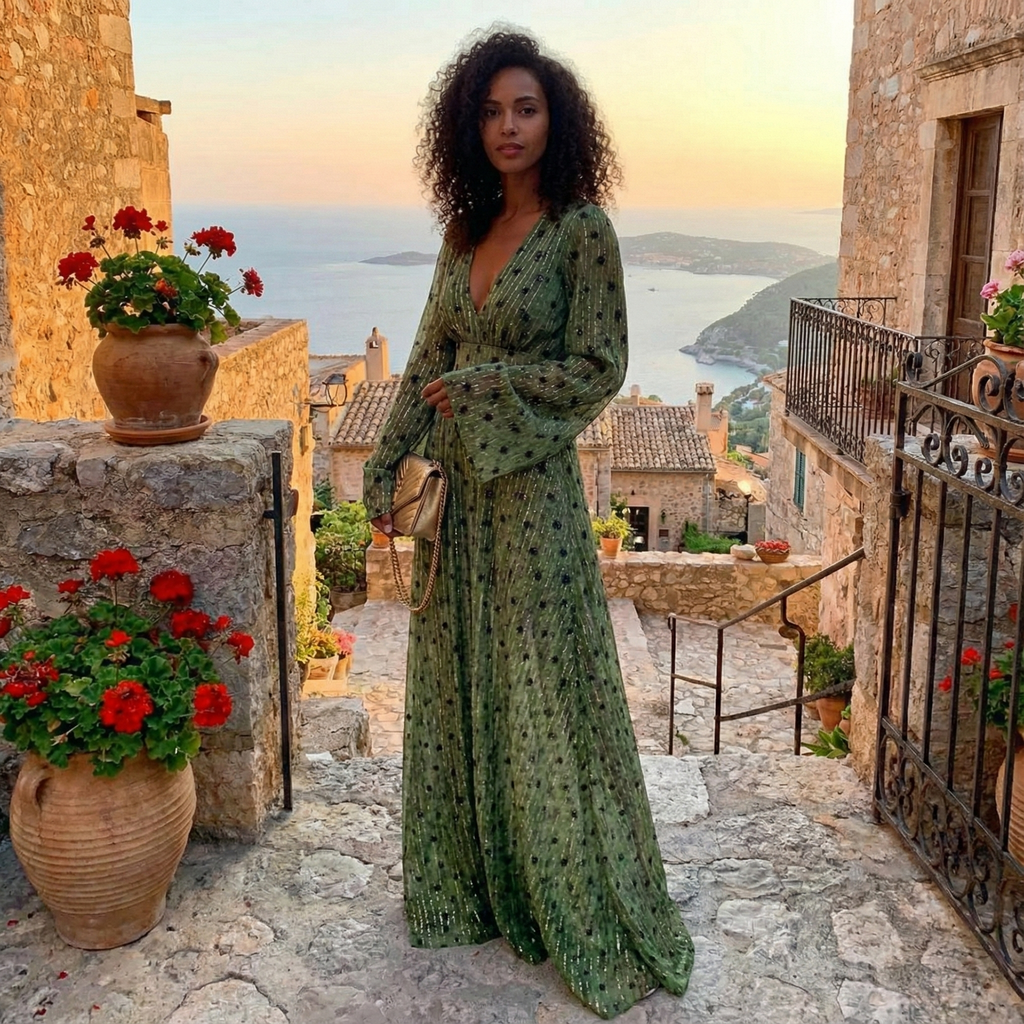 Deep V Neck Long Sleeve Shimmer Maxi Dress