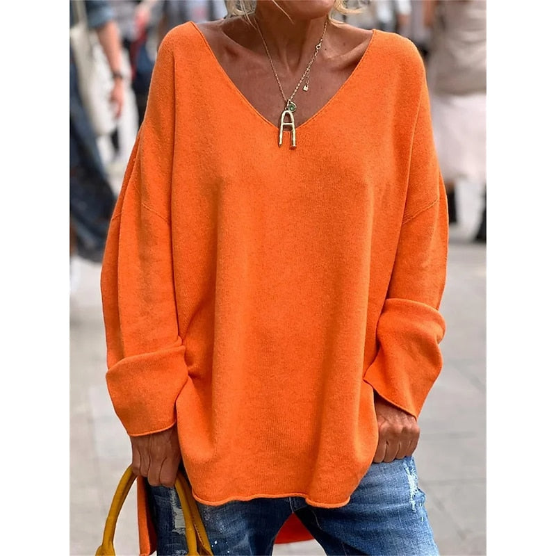 Orange relaxed V-neck pullover, front view