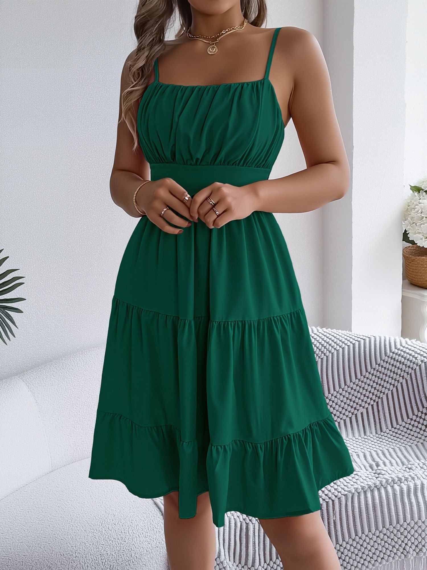 Spaghetti Strap Sleeveless Tiered A-Line Dress