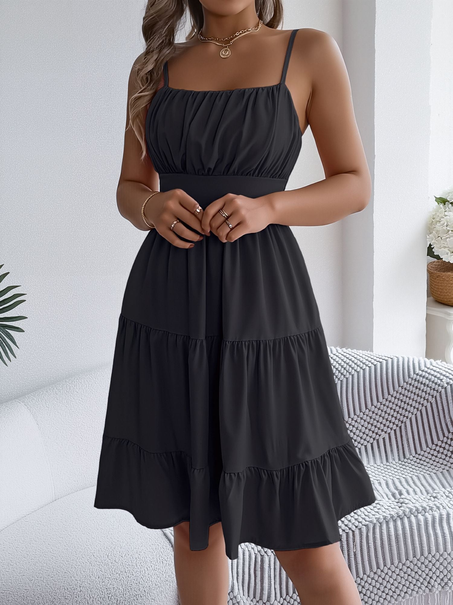 Spaghetti Strap Sleeveless Tiered A-Line Dress