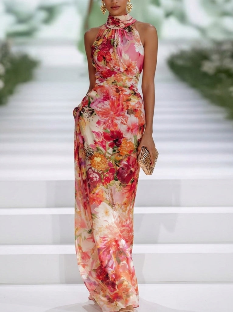 Red Floral Halter Neck Maxi Dress, front view