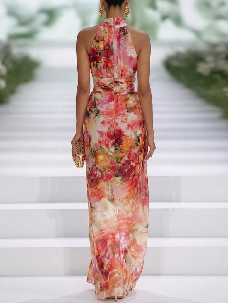 Red Floral Halter Neck Maxi Dress