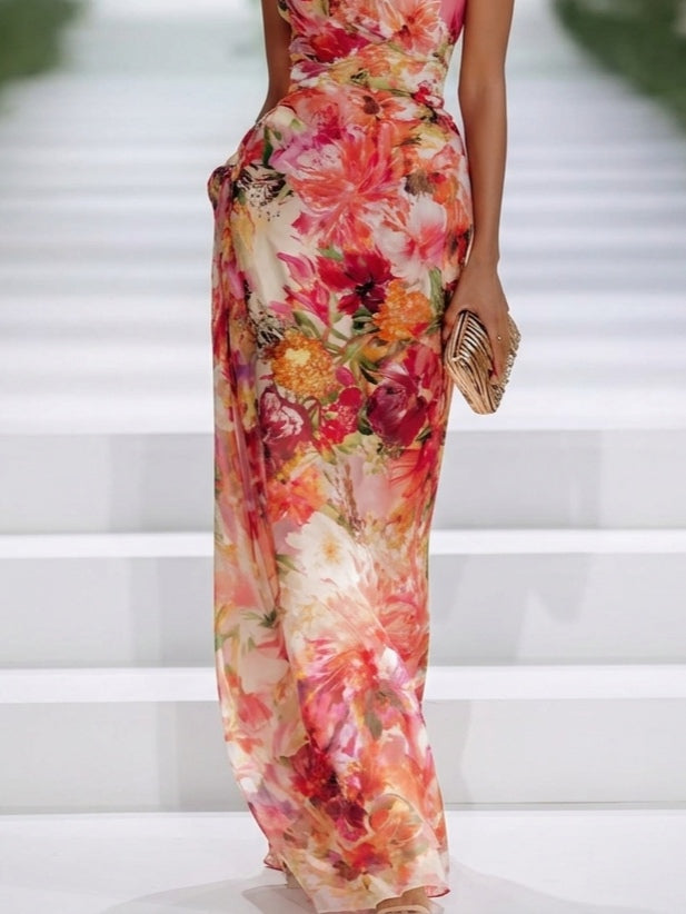 Red Floral Halter Neck Maxi Dress