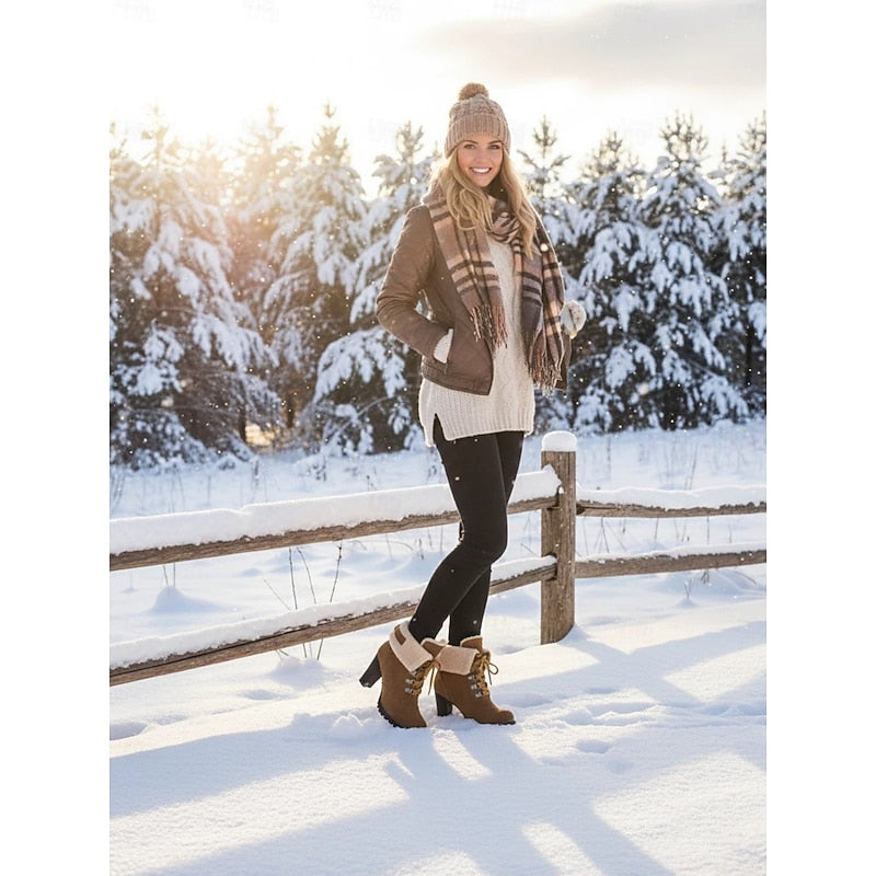 Yellow fur-trimmed lace-up winter Boots