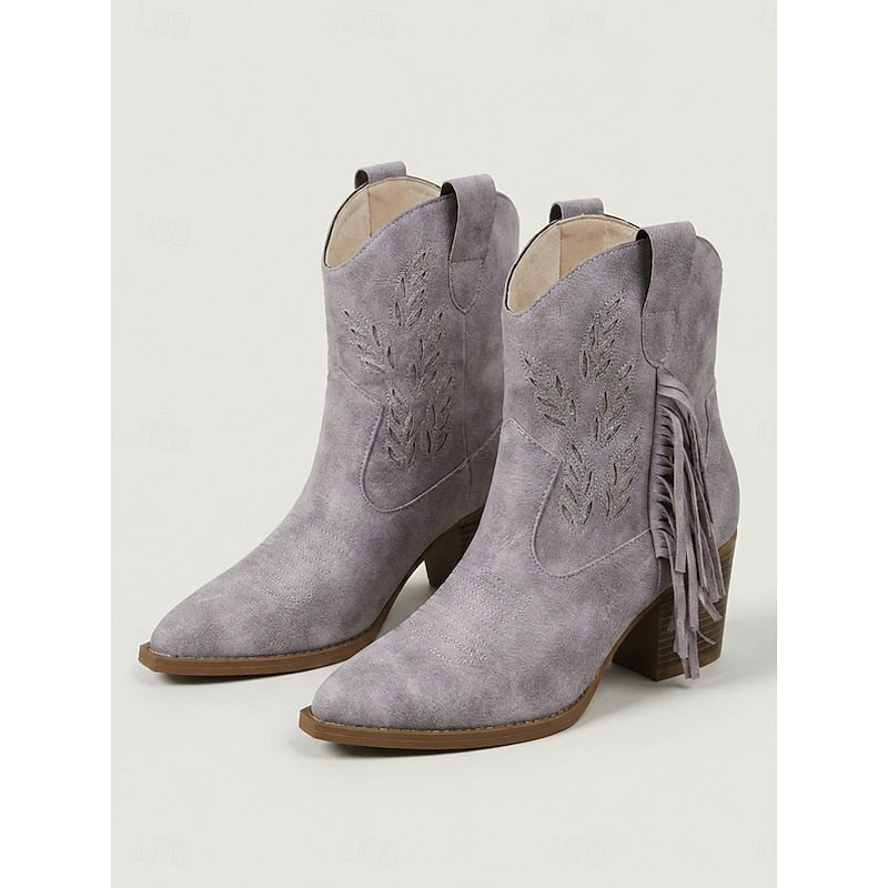 Purple Tasseled Western Ankle Boots