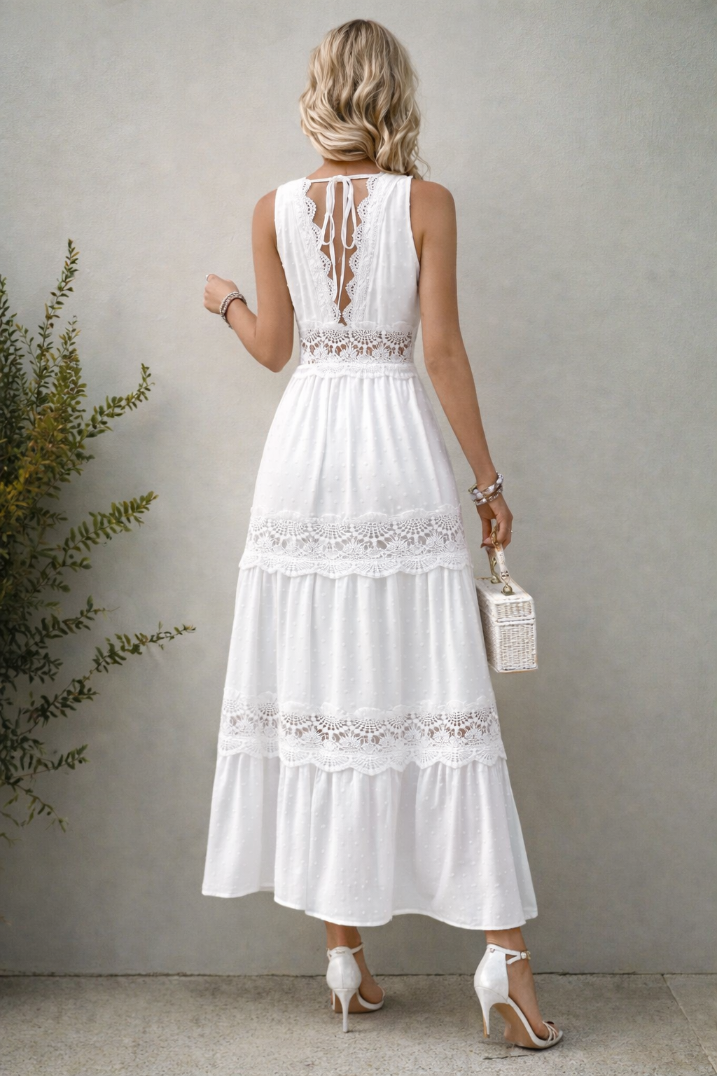 Lace Boho V Neck Maxi Dress White Summer