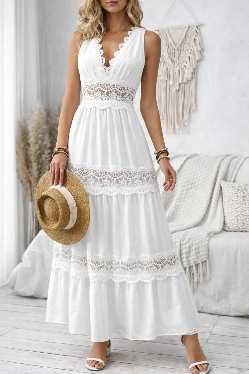 Lace Boho V Neck Maxi Dress White Summer