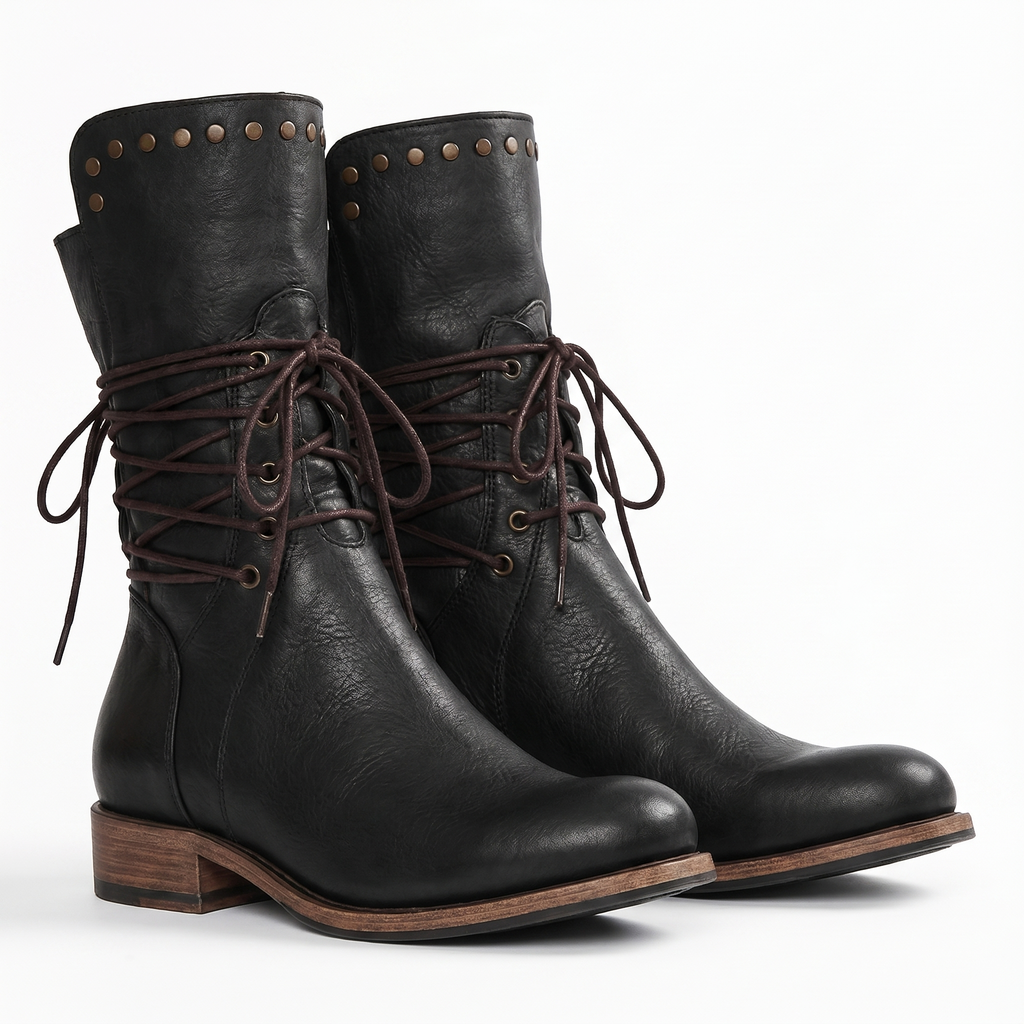Black lace-up mid-calf studded Boots