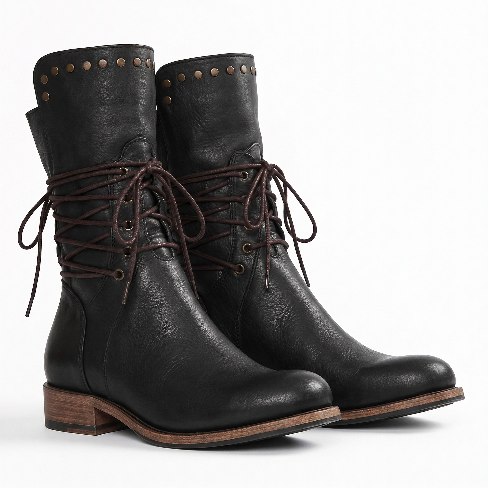 Black lace-up mid-calf studded Boots