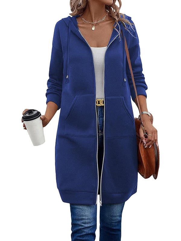 Long fleece zip-up hoodie with pockets