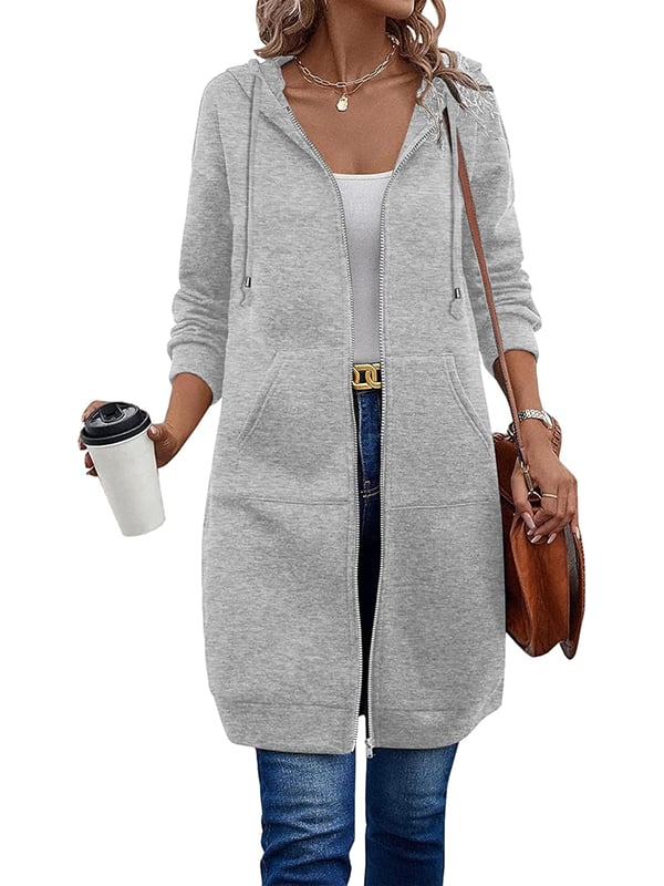 Black long fleece zip-up hoodie with pockets