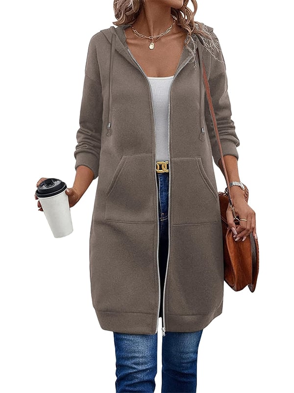 Long fleece zip-up hoodie with pockets