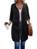 Black long fleece zip-up hoodie with pockets, front view