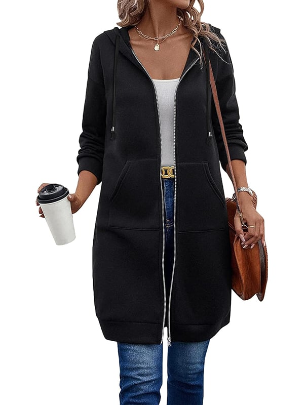 Black long fleece zip-up hoodie with pockets, front view