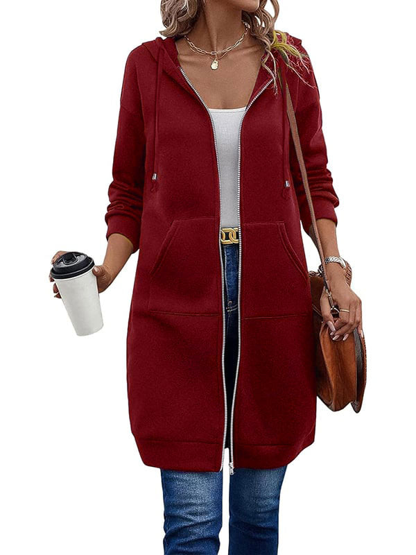 Long fleece zip-up hoodie with pockets