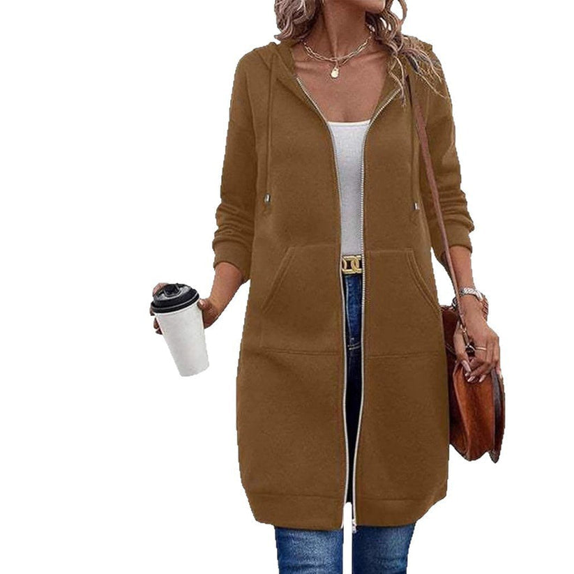 Long fleece zip-up hoodie with pockets