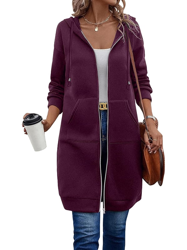 Long fleece zip-up hoodie with pockets