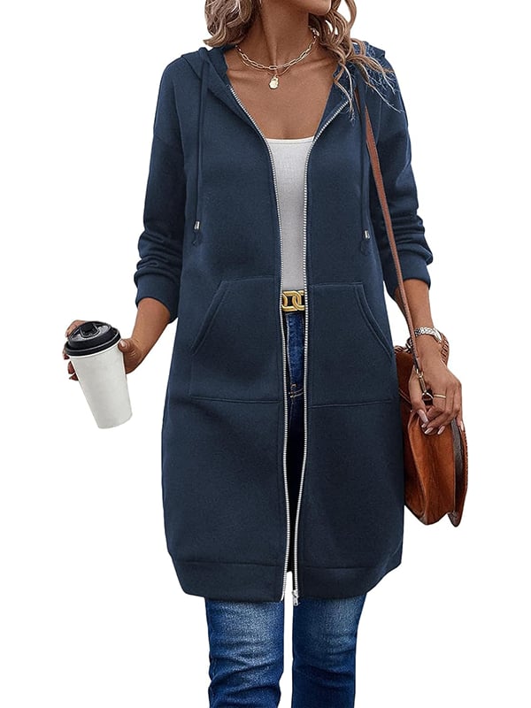 Black long fleece zip-up hoodie with pockets