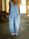 Light Blue Sleeveless Denim Jumpsuit, front view