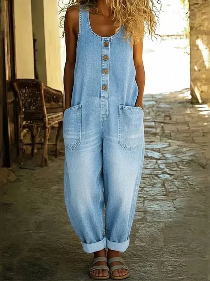Light Blue Sleeveless Denim Jumpsuit, front view