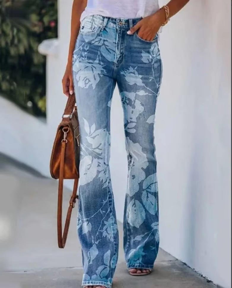 Blue Floral Print High-Waist Jeans