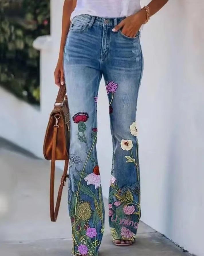 Blue Floral Print High-Waist Jeans