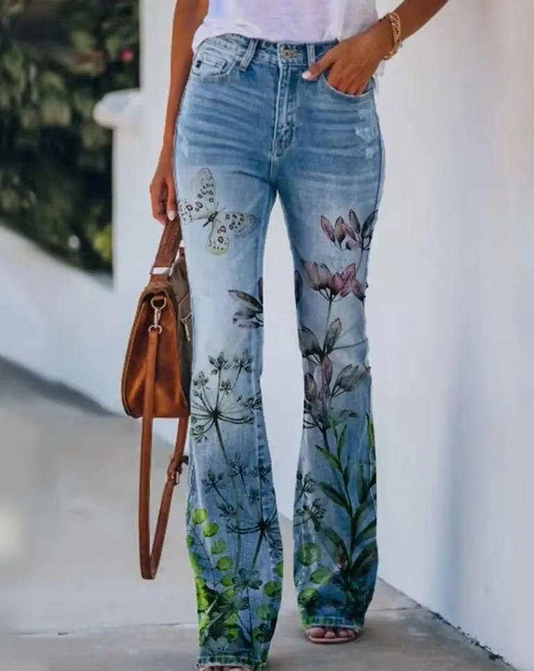 Blue Floral Print High-Waist Jeans