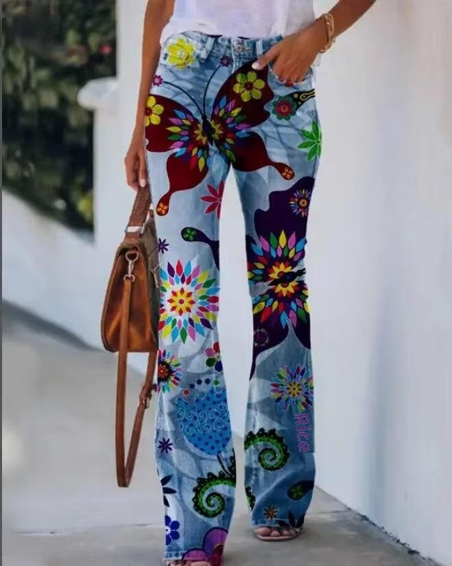 Blue Floral Print High-Waist Jeans