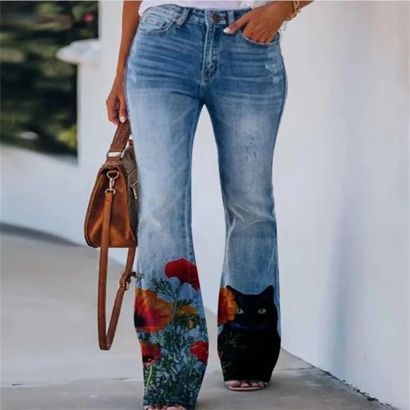 Blue Floral Print High-Waist Jeans
