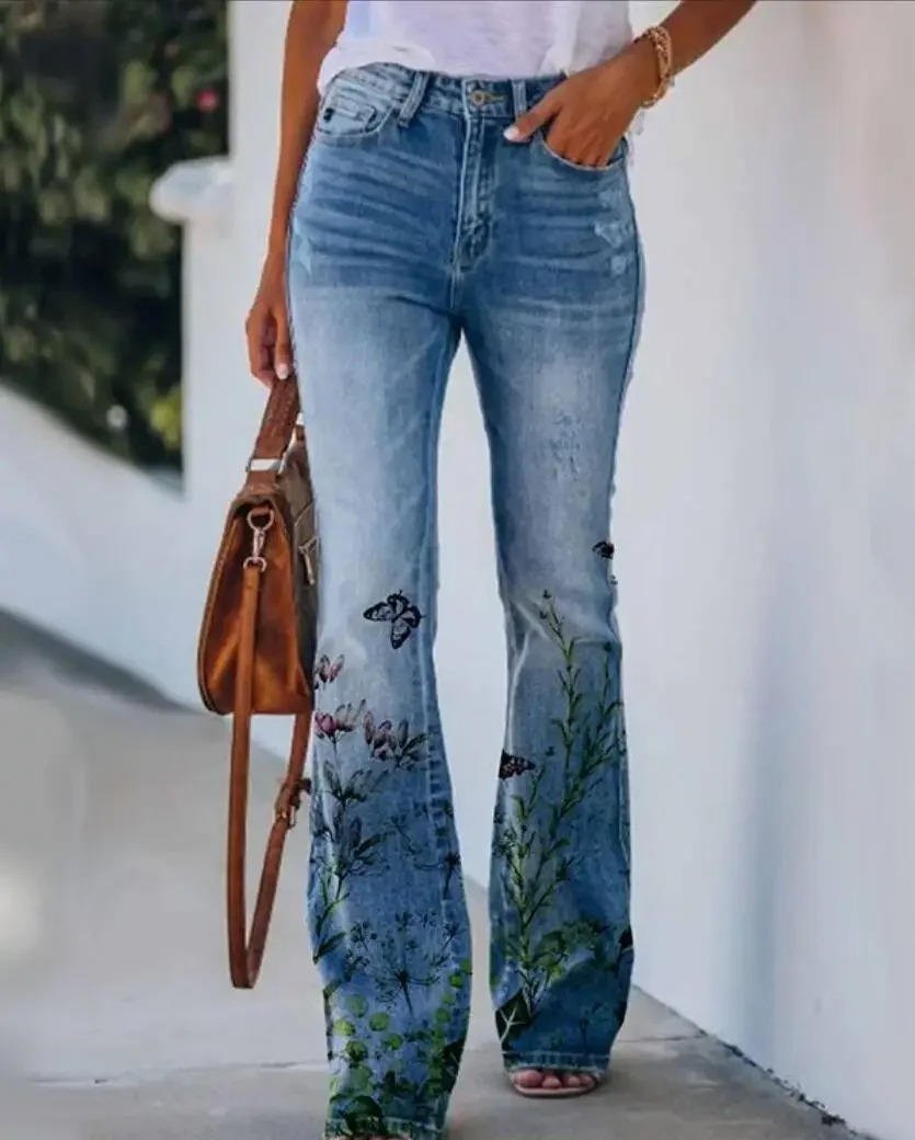 Blue Floral Print High-Waist Jeans