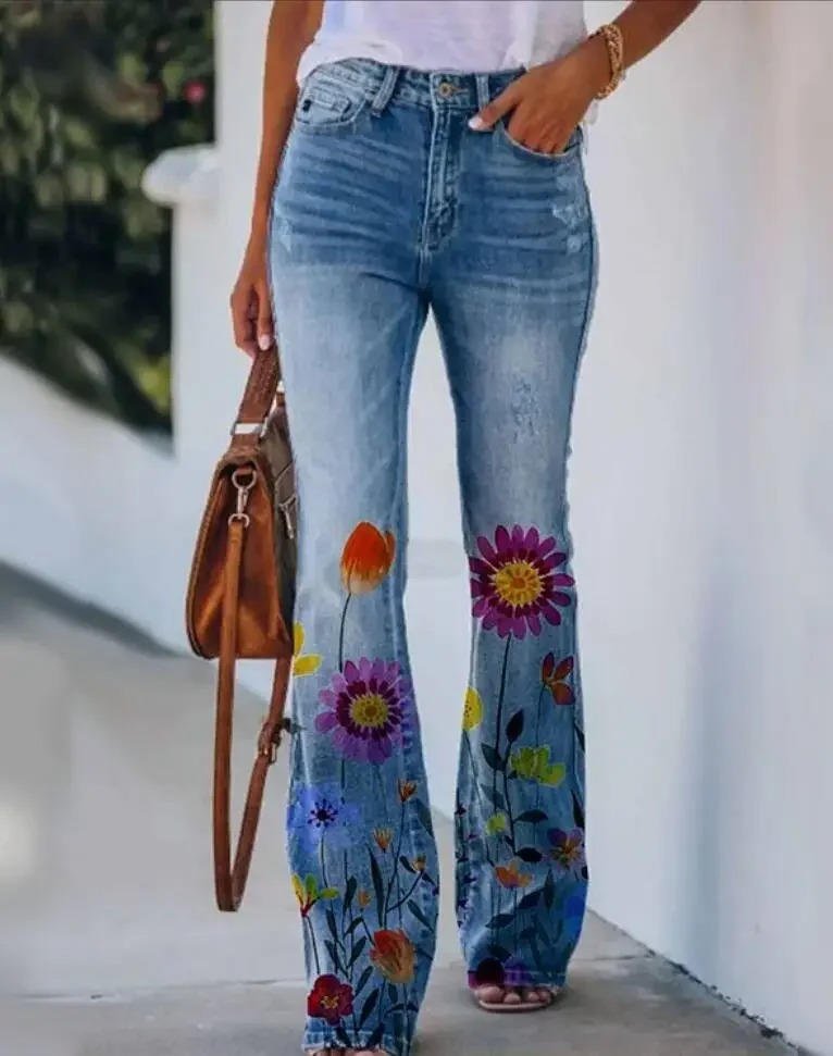 Blue Floral Print High-Waist Jeans