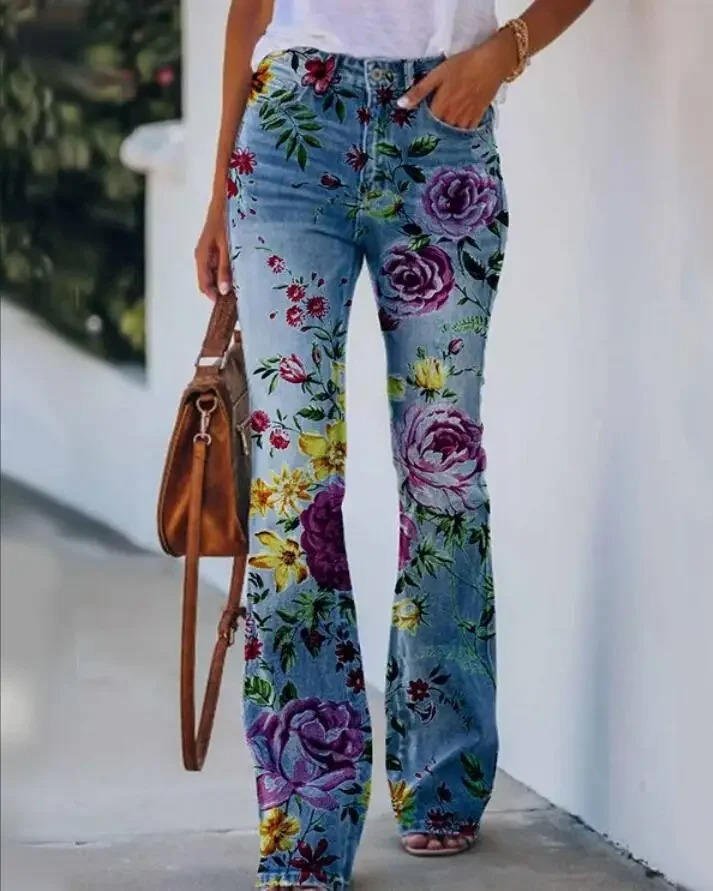 Blue Floral Print High-Waist Jeans